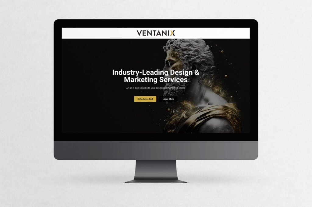Web Design by Ventanix - A mockup of the Ventanix website with a stoic statue with golden accents.