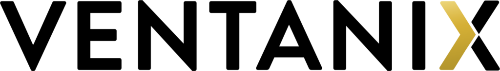 The lettermark VENTANIX. A portion of the X features a golden arrow that represents growth and business success through elegant and bold design.