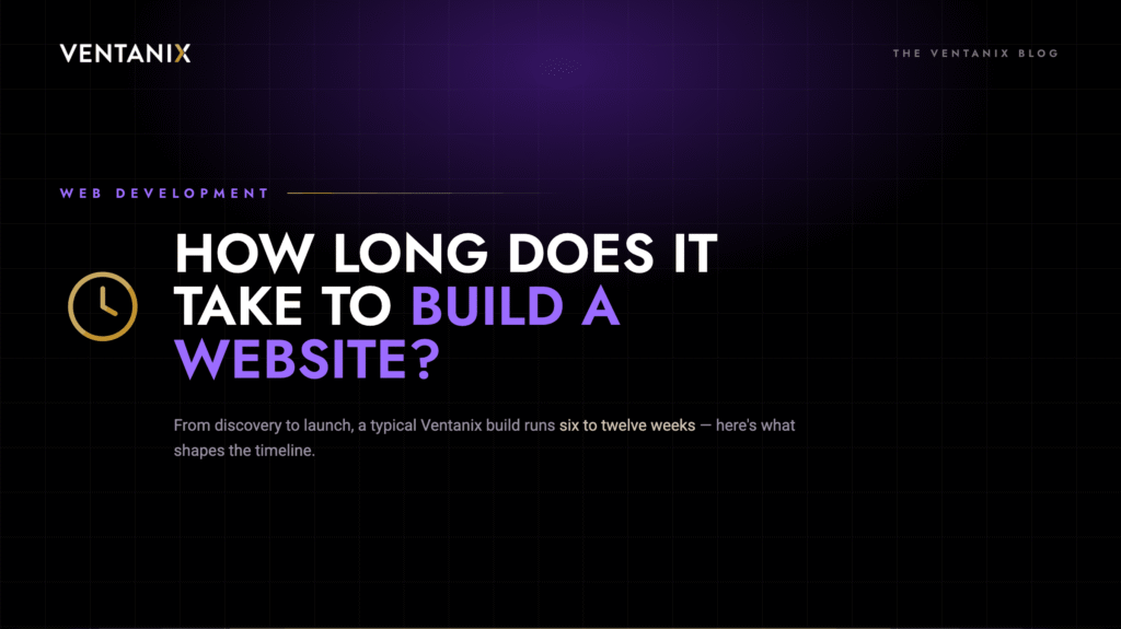 Ventanix blog cover titled "How long does it take to build a website?" with a clock icon, noting a typical build runs six to twelve weeks from discovery to launch.
