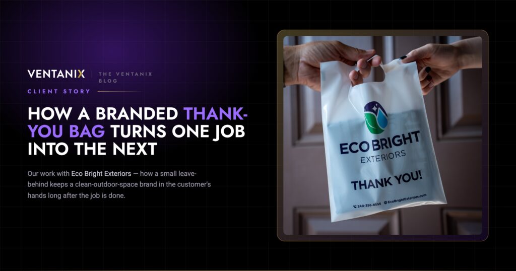 Eco Bright Exteriors branded thank-you bag being handed to a client at the front door