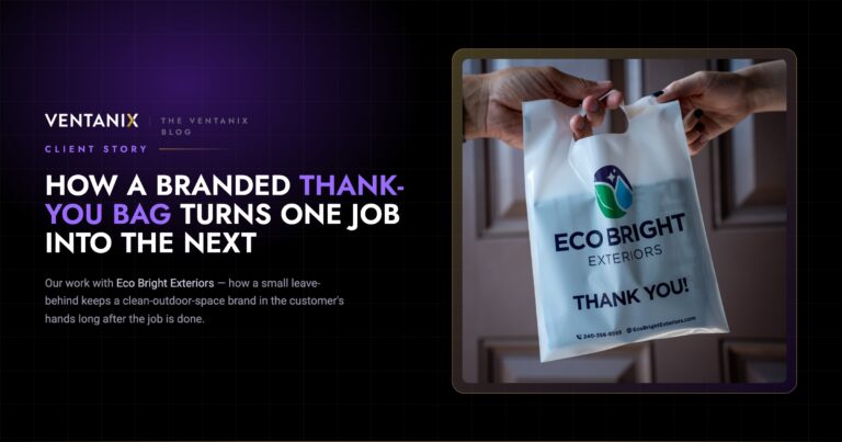 Eco Bright Exteriors branded thank-you bag being handed to a client at the front door